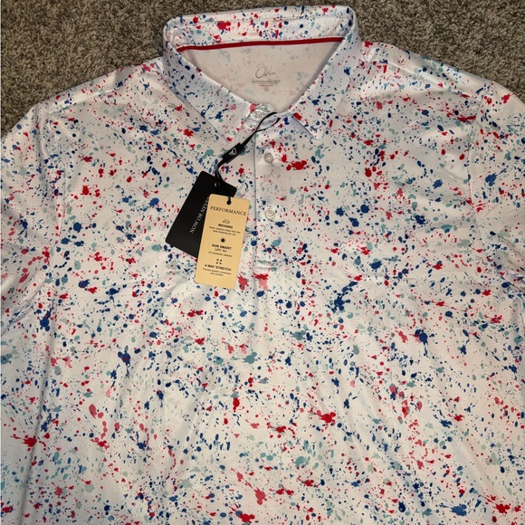 Men's Obla Red White & Blue Splatter NWT Performance Golf Polo - Picture 4 of 4